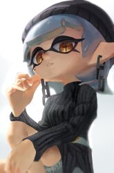 beanie belt black_hat black_sweater blurry breasts chain_earrings chains commentary_request cross-shaped_pupils dbwuqldvec82805 female grey_hair hand_up hat highres inkling knee_up looking_at_viewer marie_(splatoon) marie_(summer_nights)_(splatoon) mole mole_under_eye official_alternate_hairstyle parted_lips pointy_ears short_eyebrows simple_background sitting small_breasts solo splatoon_(series) sweater symbol-shaped_pupils teeth tentacle_hair thighs white_background white_belt yellow_eyes 