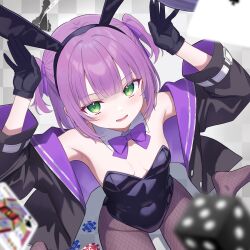  absurdres animal_ears armpits arms_up bare_shoulders black_gloves black_hairband black_jacket black_leotard bow bowtie breasts brown_pantyhose card character_request commentary_request covered_navel detached_collar dice fake_animal_ears female fishnet_pantyhose fishnets from_above gloves green_eyes hairband highleg highleg_leotard highres iriam jacket leotard long_sleeves looking_at_viewer looking_up m4kiba_sora off_shoulder open_clothes open_jacket open_mouth pantyhose playboy_bunny playing_card rabbit_ears rabbit_pose short_hair small_breasts smile solo strapless strapless_leotard two_side_up virtual_youtuber 