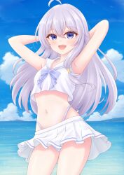  ahoge arms_behind_head arms_up beach bikini blue_eyes blush breasts commentary_request day elaina_(majo_no_tabitabi) female grey_hair hair_between_eyes highres kanon_tsubana long_hair looking_at_viewer majo_no_tabitabi navel open_mouth outdoors purple_trim sailor_bikini sailor_collar sky small_breasts smile solo stomach swimsuit white_bikini white_sailor_collar 