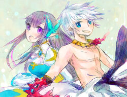  1boy arch_bishop_(ragnarok_online) back-to-back belt black_belt blue_dress blue_eyes butterfly_hair_ornament commentary cross dormir_(challco) dress female green_background hair_ornament juliet_sleeves long_hair long_sleeves looking_at_viewer open_mouth pants puffy_sleeves purple_eyes purple_hair ragnarok_online short_hair sura_(ragnarok_online) topless_male two-tone_dress upper_body white_dress white_hair white_pants 