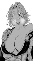  absurdres bleach bleach:_sennen_kessen-hen breasts breath collarbone commentary english_commentary female greyscale heart highres japanese_clothes kimono large_breasts lips looking_at_viewer matsumoto_rangiku mole mole_under_mouth monochrome mostlybluewyatt parted_lips short_hair signature simple_background single_bare_shoulder smile solo sweat upper_body white_background 