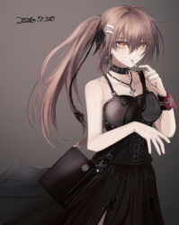  bag bare_shoulders black_choker black_dress black_ribbon brown_bag brown_eyes brown_hair choker cigarette commentary_request cowboy_shot cross cross_necklace dated dress female gradient_background grey_background hair_between_eyes hair_ornament hairclip handbag hands_up highres holding holding_bag jewelry long_hair looking_at_viewer minakami_yuki mmntmrt necklace parallel_hairclips ponytail ribbon sidelocks simple_background sleeveless sleeveless_dress smoking solo subarashiki_hibi very_long_hair wrist_cuffs 