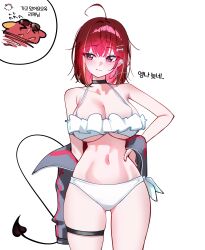  absurdres ahoge akane_lize arm_at_side bikini black_choker blonde_streaks blush bow bow_bikini breasts choker closed_mouth colored_inner_hair commentary cowboy_shot cross cross_earrings demon_tail double-parted_bangs ear_chain ear_piercing earrings expressionless female frilled_bikini frills grey_eyes grey_jacket hand_on_own_hip highres jacket jacket_partially_removed jewelry korean_text large_breasts linked_piercing medium_hair mole mole_under_eye multicolored_hair navel pienna_(akane_lize) piercing red_hair red_pupils single_earring slit_pupils solo standing stellive stomach streaked_hair swimsuit tail thigh_strap translation_request virtual_youtuber white_bikini yeomhwauranyum 