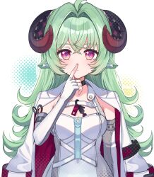  animal_ears armpit_crease black_choker blush breasts chocho_(homelessfox) choker cleavage closed_mouth commentary_request curled_horns dress elbow_gloves female fingerless_gloves gloves goat_ears goat_girl goat_horns gradient_eyes green_hair hair_between_eyes horns index_finger_raised iroi_(nte) jacket korean_commentary long_hair looking_at_viewer medium_breasts multicolored_eyes neverness_to_everness nose_picking open_clothes open_jacket purple_eyes shade solo upper_body wavy_hair white_background white_dress white_jacket 
