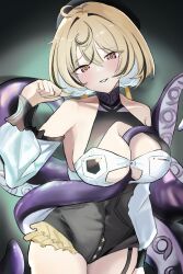 absurdres bare_shoulders black_hat blonde_hair blush breasts chinese_commentary collarbone commentary_request cowboy_shot detached_sleeves female garter_straps hand_up hat high-waist_shorts highres large_breasts looking_at_viewer misaki150280 mole mole_under_mouth multicolored_hair purple_eyes shirt short_hair shorts single_garter_strap smile solo tentacle tentacle_between_breasts tentacle_girl tentacle_tail white_shirt yidhari_murphy zenless_zone_zero 
