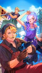  2boys apron armpits asami_you bandana ben-day_dots black_shirt blonde_facial_hair blonde_hair blue_eyes blue_sky brown_gloves cerejeira_elron commentary_request day facial_hair fate/grand_order fate_(series) female game_asset glasses glint gloves goredolf_musik green_eyes green_jumpsuit hair_ornament hair_over_one_eye hair_scrunchie holding holding_lead_pipe holding_power_drill jingle_abel_meuniere jumping jumpsuit jumpsuit_around_waist lead_pipe long_hair looking_at_viewer low_side_ponytail male_focus medium_hair midair moustache multiple_boys off-shoulder_shirt off_shoulder official_alternate_costume official_art one_eye_closed outdoors overalls partial_commentary purple_apron purple_hair red_overalls screentones scrunchie shirt short_hair side_ponytail sky sweat third-party_source tool_belt toolbox white_gloves white_shirt 