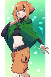  absurdres belt black_hair blunt_bangs blush breasts capelet cargo_shorts commentary crop_top cropped_shirt english_commentary female gardenia_(pokemon) green_capelet green_poncho highres long_sleeves looking_at_viewer medium_breasts midriff missandydandy multicolored_hair navel orange_eyes orange_hair orange_shorts pokemon pokemon_diamond/pearl/platinum poncho shirt short_hair shorts smile solo two-tone_hair 