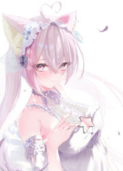 ahoge animal_ear_fluff animal_ears armpit_crease bare_shoulders belt blush breasts character_request cleavage cleavage_cutout closed_mouth clothing_cutout commentary_request commission copyright_request crossed_bangs dress female floating_hair flower frilled_dress frills hair_between_eyes hair_flower hair_ornament hand_up hatenashun422 heart heart_ahoge highres large_breasts long_hair looking_at_viewer maid_headdress pink_eyes pink_hair smile upper_body white_background 