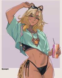  animal_ear_fluff animal_ears aqua_shirt artist_name bikini black_bikini blonde_hair cheetah_girl closed_mouth commentary cosplay cover_bikini_girl_(gta_vi) cover_bikini_girl_(gta_vi)_(cosplay) cover_bikini_girl_(gta_vi)_(pose) cowboy_shot crop_top cropped_shirt dark-skinned_female dark_skin drink english_commentary eyewear_on_head female genshin_impact grand_theft_auto grand_theft_auto_vi green_eyes groin hand_up highres holding holding_drink leopard_ears leopard_tail looking_at_viewer pomuya shirt side-tie_bikini_bottom solo sunglasses swimsuit tail xilonen_(genshin_impact) 
