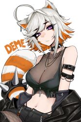  absurdres ahoge animal_ears arm_belt arm_strap bare_shoulders black_jacket breasts character_name collar colored_inner_animal_ears commentary crop_top cross cross_necklace demenishki facial_mark female fish fluffy_tail highres indie_virtual_youtuber jacket jacket_partially_removed jewelry large_breasts large_tail leather leather_jacket looking_at_viewer midriff mikuneki multicolored_hair navel necklace off_shoulder orange_hair purple_eyes red_panda_ears red_panda_girl red_panda_tail see-through_cleavage see-through_clothes short_hair shorts sidelocks simple_background solo spiked_collar spikes tail virtual_youtuber whisker_markings white_background white_hair 