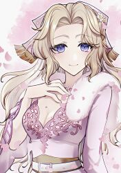  belt breasts cleavage commentary_request dissidia_duellum_final_fantasy dissidia_final_fantasy dress female final_fantasy final_fantasy_vi fur-trimmed_dress fur_trim hand_on_own_chest highres kirahoshi_x looking_at_viewer medium_breasts official_alternate_costume official_alternate_hairstyle parted_bangs pink_dress purple_eyes smile solo terra_branford terra_branford_(blossom_princess) upper_body white_belt 