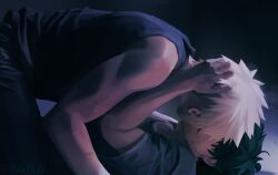  2boys bakugou_katsuki bare_shoulders black_pants black_shirt blonde_hair boku_no_hero_academia commentary dyn4bun from_side green_hair grey_shirt hand_on_another's_head highres kissing male_focus midoriya_izuku multiple_boys pants parted_lips shirt short_hair short_sleeves sleeveless sleeveless_shirt spiked_hair straddling sweat t-shirt very_short_hair yaoi 
