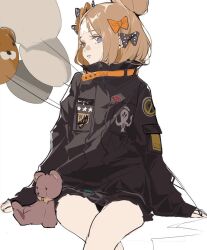  abigail_williams_(fate) abigail_williams_(traveling_outfit)_(fate) animal-shaped_balloon arm_support badge balloon bandaid belt black_bow black_jacket black_skirt blue_eyes blush bow bowtie commentary cowboy_shot crossed_bandaids fate/grand_order fate_(series) female hair_bun hairbow highres jacket looking_at_viewer middle_part multiple_hair_bows official_alternate_costume parted_hair parted_lips patch pleated_skirt polka_dot polka_dot_bow simple_background single_hair_bun sitting skirt sleeves_past_wrists solo star_(symbol) stuffed_animal stuffed_toy teddy_bear teeth turning_head white_background yellow_belt yellow_bow yellow_bowtie yukuso_(dabiandang) 
