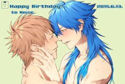  2boys blue_hair blush brown_eyes character_name collarbone commentary_request completely_nude dated dramatical_murder eye_contact face-to-face fingernails from_side hands_on_another's_neck happy_birthday highres kuwa_ayase long_hair looking_at_another male_focus multiple_boys noiz_(dramatical_murder) nude parted_lips seragaki_aoba short_hair simple_background sweat teeth upper_body yaoi 