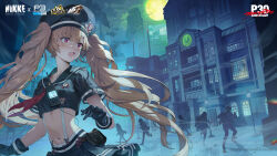  1other 2boys 3girls alternate_costume black_gloves black_hat black_shirt black_skirt brown_hair commentary english_commentary faceless faceless_female faceless_male gate gloves goddess_of_victory:_nikke hat highres long_hair miranda_(nikke) moon multiple_boys multiple_girls navel night oerba_yun_fang official_art open_clothes open_mouth outdoors persona persona_3 police police_uniform red_eyes running school second-party_source shirt skin_fang skirt standing twintails walkie-talkie 