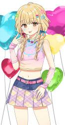  :p absurdres balloon bare_shoulders belt belt_buckle blonde_hair blue_shirt braid breasts brown_eyes buckle chiune_(yachi) closed_mouth female fujita_kotone gakuen_idolmaster gradient_clothes gradient_shirt groin hair_ornament hair_over_shoulder hairclip heart_balloon highres idolmaster long_hair low_twintails navel pink_belt pink_shirt plaid_clothes plaid_skirt pleated_skirt purple_skirt shirt simple_background skirt sleeveless sleeveless_shirt small_breasts smile solo star_(symbol) star_hair_ornament tongue tongue_out twin_braids twintails white_background 