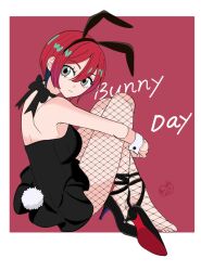  amate_yuzuriha animal_ear_hairband animal_ears aqua_eyes black_leotard black_shirt black_skirt border bunny_day commentary_request english_text expressionless fake_animal_ears fake_tail female fishnet_pantyhose fishnets full_body gundam gundam_gquuuuuux hair_between_eyes hairband high_heels hugging_own_legs jyujyunashi leotard looking_at_viewer nontraditional_playboy_bunny outside_border pantyhose rabbit_ear_hairband rabbit_ears rabbit_tail red_background red_hair shirt shoe_soles short_hair showgirl_skirt simple_background sitting skirt soles solo strapless strapless_leotard tail white_border white_wrist_cuffs wrist_cuffs 