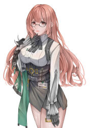  black_gloves black_skirt breasts closed_mouth commentary_request cowboy_shot female glasses gloves hair_between_eyes highres john_(pixiv_66722607) large_breasts long_hair looking_at_viewer office_lady pink_eyes pink_hair shirt sidelocks simple_background skirt solo tsukishiro_yanagi white_background white_shirt zenless_zone_zero 