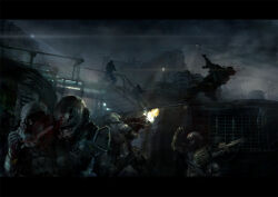  6+boys armor artillery assault_rifle assault_visor blacklight:tango_down blade_to_throat blood bridge cloud cloudy_sky combat_helmet commentary concept_art english_commentary firing fog gun gun_sling h&amp;k_g36 helmet holding holding_gun holding_weapon industrial insignia letterboxed load-bearing_vest military multiple_boys muzzle_flash night pauldrons railing rifle science_fiction searchlight shoulder_armor silhouette sky submachine_gun ukitakumuki war weapon 