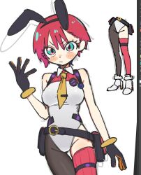  adapted_costume amate_yuzuriha animal_ears aqua_eyes art_program_in_frame asymmetrical_legwear belt belt_pouch black_belt black_gloves black_pantyhose blush_stickers boots breasts commentary_request fake_animal_ears female gloves groin gundam gundam_gquuuuuux high_heel_boots high_heels highres karaage_unai leotard looking_at_viewer multiple_views necktie nontraditional_playboy_bunny pantyhose pouch rabbit_ears red_hair red_thighhighs short_hair simple_background single_leg_pantyhose single_thighhigh thigh_belt thigh_strap thighhighs white_background white_boots white_leotard yellow_necktie 