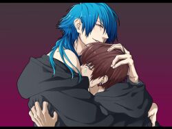  2boys black_jacket blue_hair brown_eyes brown_hair closed_mouth commentary_request dramatical_murder earrings facial_tattoo from_side hand_on_another's_head hood hood_down hooded_jacket hug jacket jacket_partially_removed jewelry kuwa_ayase looking_at_viewer male_focus medium_hair mizuki_(dramatical_murder) multiple_boys parted_lips seragaki_aoba sideways_glance tattoo teardrop_tattoo teeth upper_body yaoi 
