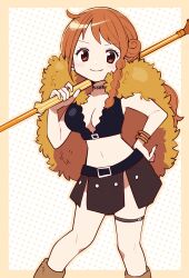  bangle belt belt_buckle blush border bracelet braid breasts brown_eyes brown_loincloth buckle capelet choker cleavage clima-tact closed_mouth commentary crop_top earrings feet_out_of_frame female fur_capelet fur_leg_warmers gold_bangle gold_choker hand_on_own_hip highres holding holding_staff ikuchi_osutega jewelry knees large_breasts leg_warmers long_hair looking_at_viewer midriff nami_(one_piece) navel official_alternate_costume official_alternate_hairstyle one_piece orange_hair pearl_earrings polka_dot polka_dot_background single_braided_sidelock smile solo staff thigh_strap yellow_capelet 