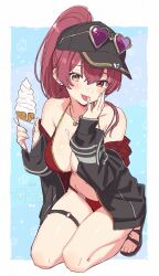  a-ka arrow_through_heart bare_shoulders baseball_cap bikini black_hat black_jacket blue_background blush border breasts brown_sandals cleavage collarbone commentary_request dot_nose double-parted_bangs earrings eyewear_on_head female food food_on_body food_on_breasts food_on_hand full_body gladiator_sandals gold_necklace gold_trim groin hair_between_eyes halterneck hands_up hat head_tilt heart heart-shaped_eyewear heart_earrings heart_necklace heterochromia high_ponytail highres holding holding_food holding_ice_cream holding_ice_cream_cone hololive hood hood_down hooded_jacket houshou_marine houshou_marine_(summer) ice_cream ice_cream_cone jacket jacket_partially_removed jewelry kneeling large_breasts licking licking_finger long_hair looking_at_viewer navel necklace o-ring o-ring_thigh_strap official_alternate_costume official_alternate_hairstyle open_clothes open_jacket outside_border ponytail purple-tinted_eyewear rabbit_background raised_inner_eyebrows red_bikini red_eyes red_hair sandals sidelocks signature smile solo stomach string_bikini sunglasses swimsuit thigh_strap thighs tinted_eyewear tongue tongue_out two-sided_fabric two-sided_jacket virtual_youtuber watermark white_border yellow_eyes 