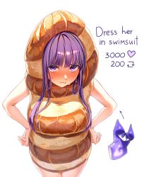  absurdres alternate_costume arrow_(symbol) blunt_bangs blush bow breasts chest_bow closed_mouth commentary cowboy_shot english_commentary english_text female fern_(sousou_no_frieren) food_costume hands_on_own_hips heart highres large_breasts like_and_retweet long_hair looking_at_viewer machulanko one-piece_swimsuit purple_bow purple_eyes purple_hair purple_one-piece_swimsuit sidelocks simple_background solo sousou_no_frieren standing sweat swimsuit twitter_strip_game v-shaped_eyebrows white_background 