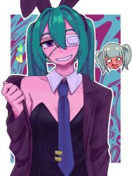  2girls animal_ears aroused_nosebleed black_leotard blood blue_necktie blush border breasts brown_jacket bunny_day cinderella_(vocaloid) collarbone detached_collar dual_persona eyepatch fake_animal_ears freckles full-face_blush glasses hair_between_eyes hair_intakes hatsune_miku heart highres jacket leotard long_hair looking_at_viewer medical_eyepatch monitoring_(vocaloid) multiple_girls multiple_persona necktie nosebleed o_o open_clothes open_jacket open_mouth outline playboy_bunny pumpkinton purple_eyes rabbit_ears red-framed_eyewear small_breasts smug solo_focus strapless strapless_leotard teeth tie_clip twintails vocaloid white_border white_outline 