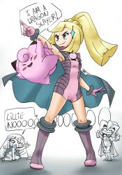  3girls :d arm_behind_back arm_up artist_name blonde_hair blush_stickers bodysuit boots center-flap_bangs clair_(pokemon) clair_(pokemon)_(cosplay) clefairy closed_eyes closed_mouth commentary cosplay crying english_commentary english_text gem gloves green_eyes hair_between_eyes high_braided_ponytail highres knee_boots kneeling lillie_(pokemon) long_hair lusamine_(pokemon) mother_and_child mother_and_daughter multiple_girls o_o oerba_yun_fang open_mouth parent_and_child pearl pink_bodysuit pink_gloves pointing pokemon pokemon_heartgold_and_soulsilver pokemon_masters_ex pokemon_sun_and_moon purple_boots reaching reaching_towards_another sarahc simple_background sleeveless sleeveless_bodysuit smile sparkle_hair_ornament streaming_tears tareme tears thumbs_up trembling v-shaped_eyebrows very_long_hair white_background 