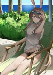  absurdres adjusting_eyewear alternate_costume amiya_(arknights) animal_ears arknights bikini bikini_under_clothes black_bikini blue_eyes blue_sky blush breasts brown_hair bush chair day eyewear_on_head feet_out_of_frame female hand_on_eyewear hand_up highres jewelry long_hair lounge_chair multiple_rings neck_ring outdoors ponytail rabbit_ears rabbit_girl remapack77 ring shirt short_sleeves sitting sky small_breasts smile solo sunglasses swimsuit t-shirt tree very_long_hair water white_shirt 