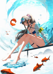  absurdres aqua-tinted_eyewear arm_support armband bare_legs bare_shoulders barefoot between_breasts bikini black_bikini blue_flower blue_hat breasts brown_hair cleavage closed_mouth commentary_request criss-cross_halter crop_top cropped_jacket cross-laced_bikini cross-laced_clothes earrings expressionless eyewear_on_head facial_mark facial_tattoo feet female fish floating floating_animal flower full_body fuujin_(windust_michio) girls'_frontline girls'_frontline_2:_exilium green_armband hair_flower hair_ornament halterneck hat highres hk416_(girls'_frontline) jacket jewelry klukai_(cerulean_breaker)_(girls'_frontline_2) klukai_(girls'_frontline_2) koi large_breasts leaning_forward legs long_hair long_sleeves making-of_available necklace_between_breasts official_alternate_costume open_clothes open_jacket pink_flower ponytail red_tattoo see-through_clothes see-through_jacket sitting solo swimsuit swimsuit_cover-up tattoo teardrop_facial_mark teardrop_tattoo thigh_strap thighs tinted_eyewear toes very_long_hair visor_cap water water_drop white-framed_eyewear white_hat yellow_armband 