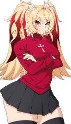  absurdres black_skirt black_thighhighs blonde_hair blush breasts claret_flint closed_mouth commentary cosplay cowboy_shot cross cross_print crossed_arms fate/stay_night fate_(series) female hair_intakes hair_ornament hair_ribbon highres long_hair mole mole_under_eye obosounds red_eyes red_ribbon red_sweater ribbon simple_background skirt solo sphere_hair_ornament star-shaped_pupils star_(symbol) sweater symbol-shaped_pupils thighhighs tohsaka_rin tohsaka_rin_(cosplay) twintails ueda_kana voice_actor_connection white_background zenless_zone_zero 
