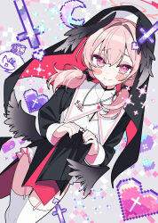  absurdres alternate_costume black_bow black_dress black_wings blue_archive blush blush_stickers bow closed_mouth clothes_lift commentary_request crescent_moon cross dress feathered_wings female fingernails garter_straps hair_between_eyes hairbow halo head_wings heart highres ichijo_rei jewelry koharu_(blue_archive) latin_cross lifting_own_clothes long_hair long_sleeves looking_at_viewer low_twintails low_wings moon necklace nun nun_headdress pelvic_curtain pelvic_curtain_lift pink_eyes pink_hair pink_halo pink_nails solo thighhighs twintails white_thighhighs wings 