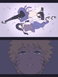  2boys arms_behind_head bare_pectorals belt black_eyes black_hair black_pants blonde_hair blue_eyes blue_pants breasts chainsaw_man commentary english_commentary facial_mark female fishnet_top fishnets highres hyuuga_hinata jacket large_breasts letterboxed looking_at_viewer manya_(manyafandomx) multiple_boys naruto_(series) naruto_shippuuden open_clothes open_jacket open_shirt pants parody parted_lips pectorals purple_background purple_belt sandals shirt short_hair short_sleeves uchiha_sasuke uzumaki_naruto whisker_markings white_shirt 