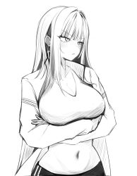  absurdres akane_lize blush breasts cleavage closed_mouth commentary_request cowboy_shot crop_top cross cross_earrings crossed_arms earrings female greyscale highres jacket jewelry korean_commentary large_breasts line_art lisian looking_to_the_side monochrome navel open_clothes open_jacket pants simple_background solo sports_bra stellive stomach v-shaped_eyebrows virtual_youtuber 