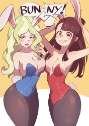  2girls absurdres alt_text alternate_breast_size_(larger) animal_ears arm_behind_back arms_up asymmetrical_bangs asymmetrical_docking black_pantyhose blonde_hair blue_eyes blue_leotard blush breast_press breasts brown_eyes brown_hair cleavage commentary covered_navel diana_cavendish english_commentary english_text green_hair hand_up highres kagari_atsuko large_breasts leotard little_witch_academia long_hair looking_at_viewer madabau medium_breasts multicolored_hair multiple_girls open_mouth orange_background pantyhose parted_lips rabbit_ears rabbit_pose rabbit_tail red_leotard smile speech_bubble strapless strapless_leotard sweatdrop tail teeth thick_thighs thighs two-tone_background wavy_hair white_background 