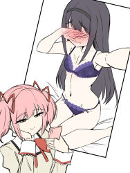  2girls absurdres akemi_homura black_hair blush bow bowtie bra breasts cellphone cellphone_photo commentary_request covering_own_eyes hair_ribbon hairband head_rest highres holding holding_phone kaname_madoka kawasemi_alter long_hair mahou_shoujo_madoka_magica mahou_shoujo_madoka_magica_(anime) mitakihara_school_uniform multiple_girls navel on_bed panties phone pink_eyes pink_hair purple_bra ribbon school_uniform selfie short_hair short_twintails sidelocks sitting small_breasts smartphone smile twintails underwear wariza white_background yuri 