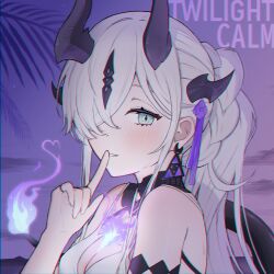  absurdres arknights bikini black_horns black_tail blush breasts chromatic_aberration cleavage commentary diamond-shaped_pupils diamond_(shape) earrings english_commentary english_text female finger_to_mouth fingernails fire flame-tipped_tail green_eyes hair_over_one_eye hair_ribbon highres horns jewelry long_hair looking_at_viewer medium_breasts necrass_(arknights) necrass_(summer_flowers)_(arknights) official_alternate_costume one_eye_covered owl_zuku3329 portrait purple_fire purple_ribbon ribbon ring shushing solo swimsuit symbol-shaped_pupils tail white_bikini white_hair 