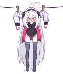  black_hairband blue_archive blush caffeinesonsari clothesline commentary double-parted_bangs english_commentary female full_body hair_between_eyes hairband halo hanging hanging_from_clothesline highres jacket kei_(blue_archive) kei_(student)_(blue_archive) long_hair long_hair_between_eyes long_sleeves looking_at_viewer multicolored_jacket open_mouth pink_eyes pink_halo playboy_bunny rectangular_halo ringed_eyes simple_background solo thighhighs thighs two-tone_jacket very_long_hair white_hair white_jacket 