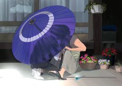  2boys absurdres commentary_request flower_pot full_body grabbing_another's_chin hand_on_another's_chin hazake_000 highres implied_kiss kneeling male_focus multiple_boys oil-paper_umbrella original outdoors pants sandals shirt short_hair sitting slides striped_tank_top tank_top umbrella yaoi 