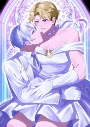  2boys blonde_hair blue_eyes blush carrying carrying_person collarbone commentary_request crick_(octopath_traveler) crossdressing crossdressing_(mtf) dress embarrassed fuwarenren gloves grey_hair highres looking_at_another male_focus multiple_boys octopath_traveler octopath_traveler_ii open_mouth pectoral_cleavage pectorals short_hair stained_glass suit temenos_mistral white_dress white_gloves white_suit yaoi 