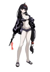  absurdres aeng-du_(project_moon) bikini black_eyes black_hair blush breasts choebal1356201 commentary female hairband hand_in_pocket highres holding holding_sword holding_weapon jacket large_breasts limbus_company long_hair looking_at_viewer navel open_clothes open_jacket pale_skin project_moon red_hairband sandals simple_background solo swimsuit sword weapon white_background 