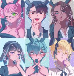  3boys 3girls :o ;o alien_stage animal_ear_hairband animal_ears aqua_eyes aqua_hair black_eyes black_gloves black_hair black_jacket black_necktie blonde_hair braid breasts brown_hair bunny_day cleavage commentary dark-skinned_female dark_skin decora_(decopining) fake_animal_ears finger_heart glasses gloves green_eyes grey_eyes hair_between_eyes hairband heart highres hyuna_(alien_stage) ivan_(alien_stage) jacket long_hair luka_(alien_stage) mizi_(alien_stage) mouth_hold multiple_boys multiple_girls necktie necktie_in_mouth official_alternate_costume one_eye_closed pink_hair purple_eyes rabbit_ear_hairband rabbit_ears red_pupils shirt short_hair strapless sua_(alien_stage) suit_jacket till_(alien_stage) tongue tongue_out twin_braids twintails untranslatable_commentary very_short_hair white_shirt yellow_eyes 