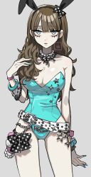  animal_ear_hairband animal_ears aqua_leotard aqua_nails belt bow breasts brown_hair character_request cleavage collarbone commentary copyright_request fake_animal_ears female grey_background hairband hairbow highres jewelry leotard long_hair looking_at_viewer nail_polish necklace nontraditional_playboy_bunny pearl_necklace polka_dot polka_dot_bow rabbit_ear_hairband rabbit_ears simple_background solo standing untranslatable_commentary white_belt yoshioka_suke 