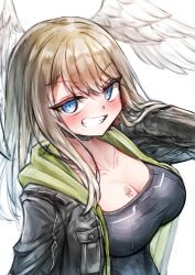  black_jacket blue_eyes blush breast_tattoo breasts brown_hair cleavage commentary_request eunie_(xenoblade) female gomikerasu head_wings highres jacket large_breasts long_hair open_clothes open_jacket simple_background smile solo tattoo teeth upper_body white_background wings xenoblade_chronicles_(series) xenoblade_chronicles_3 