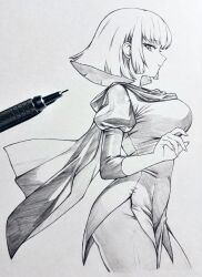  art_tools_in_frame breasts cape commentary_request cropped_legs female graphite_(medium) greyscale groin gundam gundam_zz haman_karn highres large_breasts looking_at_viewer monochrome no_pants photo_(medium) puffy_sleeves seishun_dendeke short_hair simple_background solo standing traditional_media white_background 