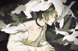  1boy absurdres asaba_harumasa bare_pectorals bird black_choker black_hair blue_eyes choker commentary_request cross cross_choker crow crying crying_with_eyes_open glitch heterochromia hhhye_tw highres male_focus nipples open_clothes open_mouth parted_bangs pectorals shirt solo tears white_bird white_shirt yellow_eyes zenless_zone_zero 