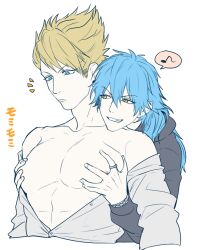  2boys black_hoodie blonde_hair blue_eyes brown_eyes closed_mouth collarbone commentary_request dramatical_murder dress_shirt hair_between_eyes hood hood_down hoodie jewelry kuwa_ayase long_hair male_focus multiple_boys musical_note nipples open_clothes open_shirt pectoral_grab pectorals ring seragaki_aoba shirt shirt_partially_removed short_hair simple_background smile spoken_musical_note teeth translation_request trip_(dramatical_murder) white_background yaoi 