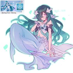  bare_shoulders commentary_request detached_sleeves female fins flower full_body genshin_impact green_hair gul_ghr hair_flower hair_ornament hair_over_one_eye hand_on_own_chest head_fins highres long_hair looking_at_viewer merfolk mermaid midriff monster_girl monsterification parted_lips pink_eyes reference_inset simple_background solo twitter_username very_long_hair vodyanitsa_(genshin_impact) white_background 